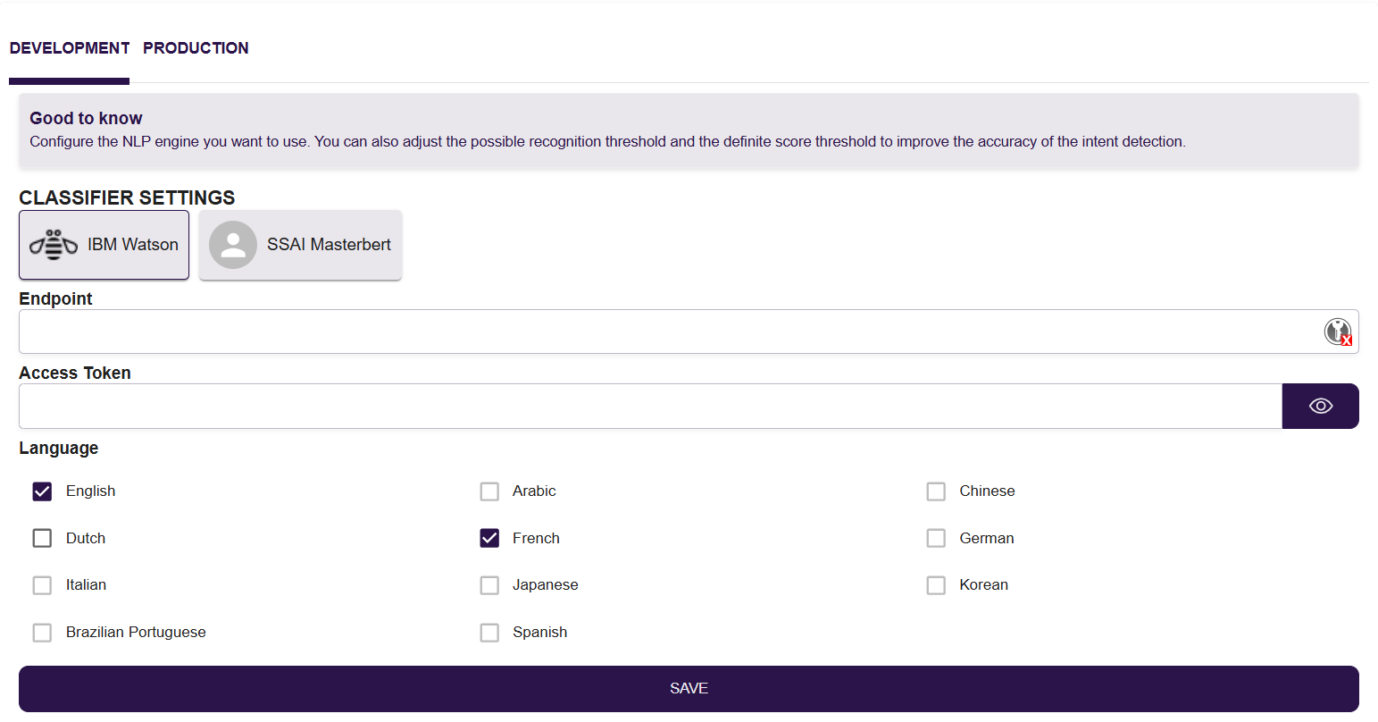 Example of classifier settings