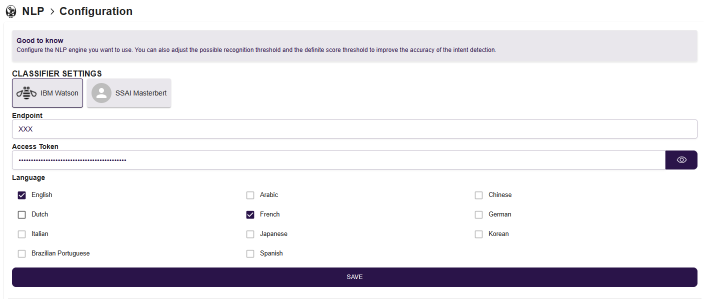 Example of classifier settings