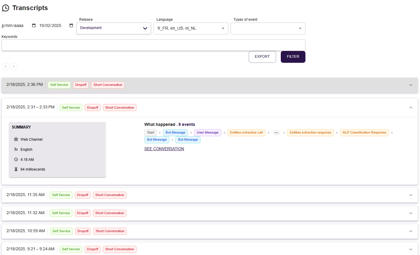 Example of transcripts page