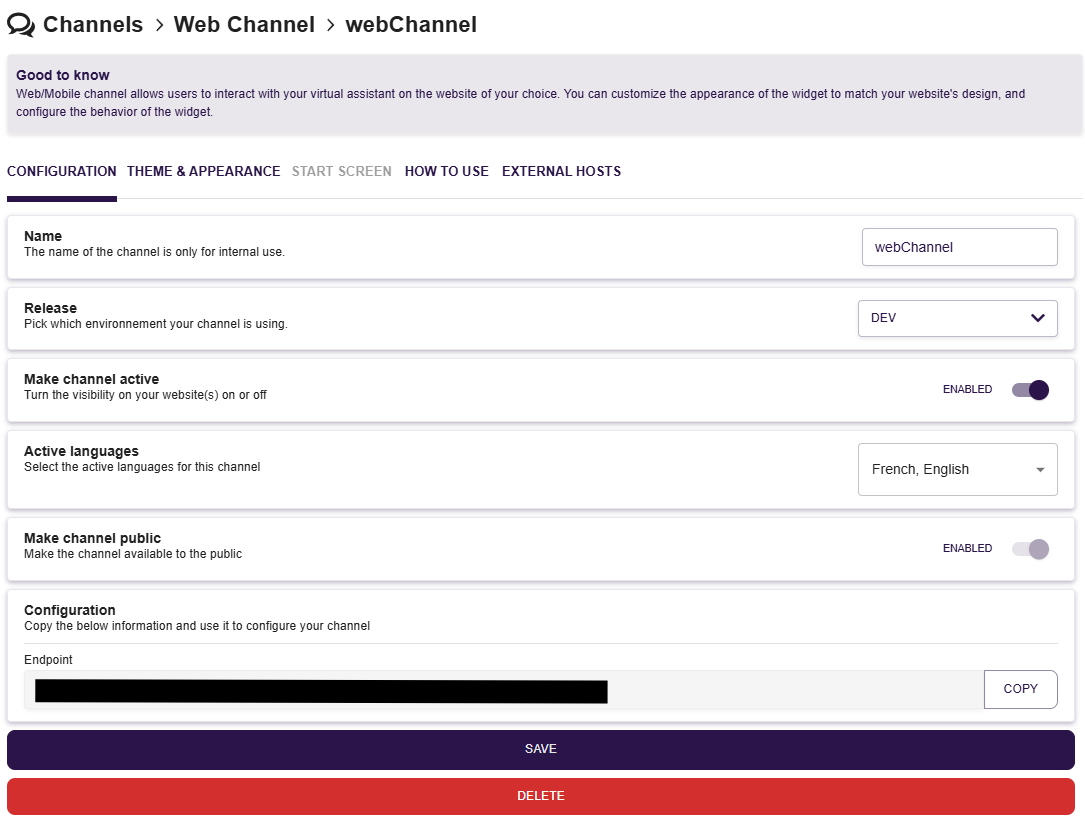 Webchannel configuration page