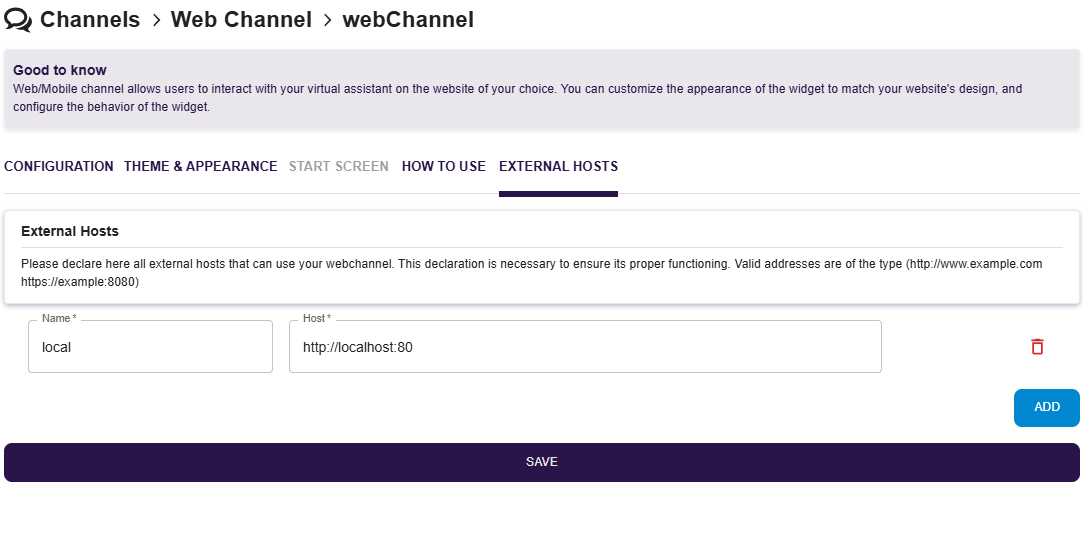 Webchannel external hosts page