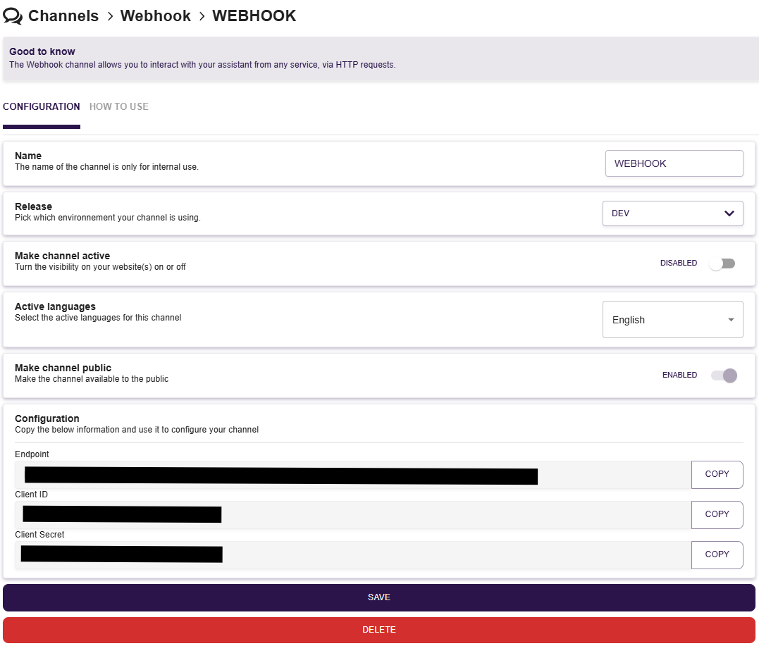 Webhook configuration page